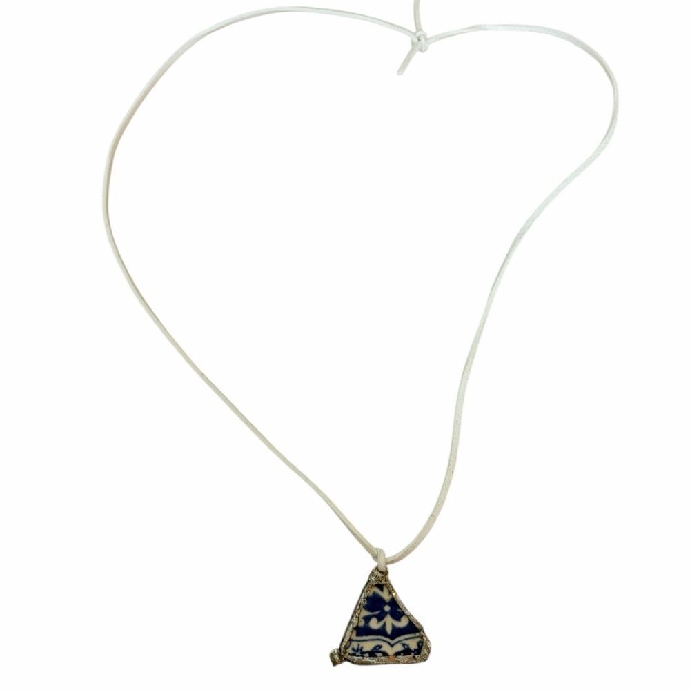 Blue & White Broken China Pendant Necklace Triangular Ceramic White Cord